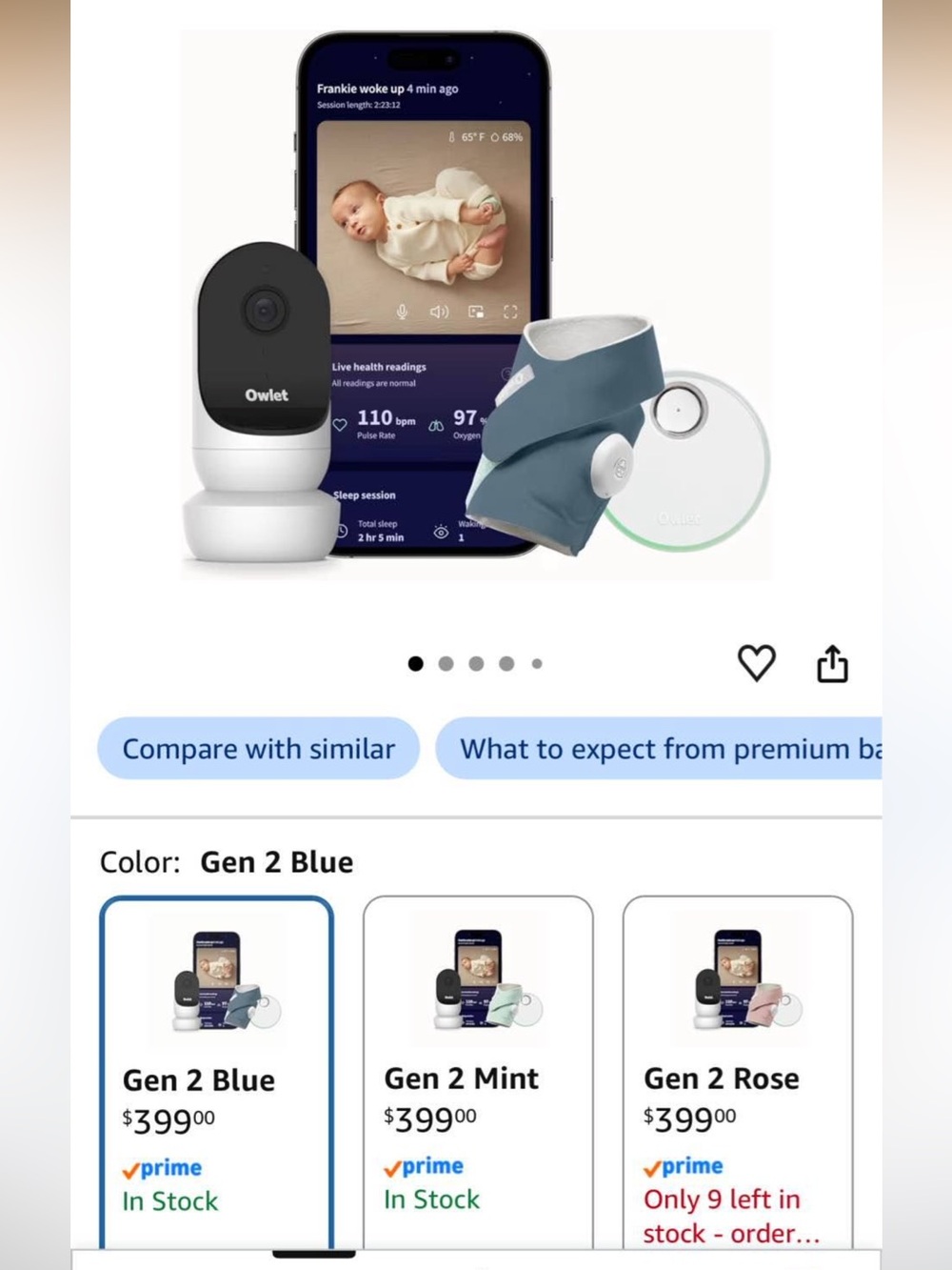 Owlet Gen 2 Baby Monitor and Sock - Blue